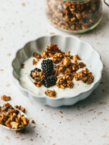 A bowl of vanilla yogurt with grain-free granola sprinkled on top.