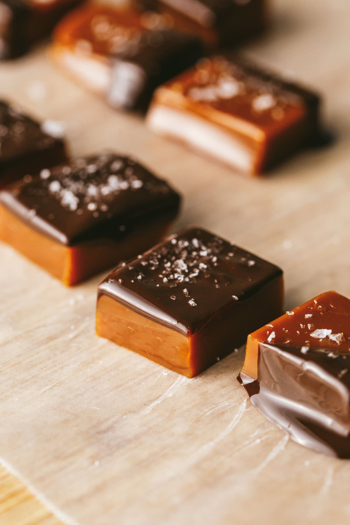 Keto caramels with chocolate and sea salt.