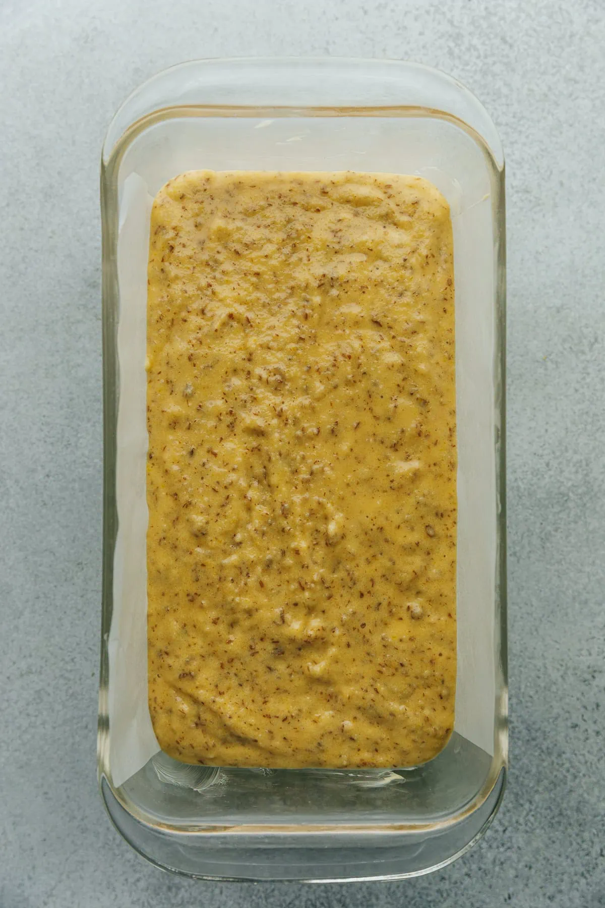 High protein bread batter in a baking dish.