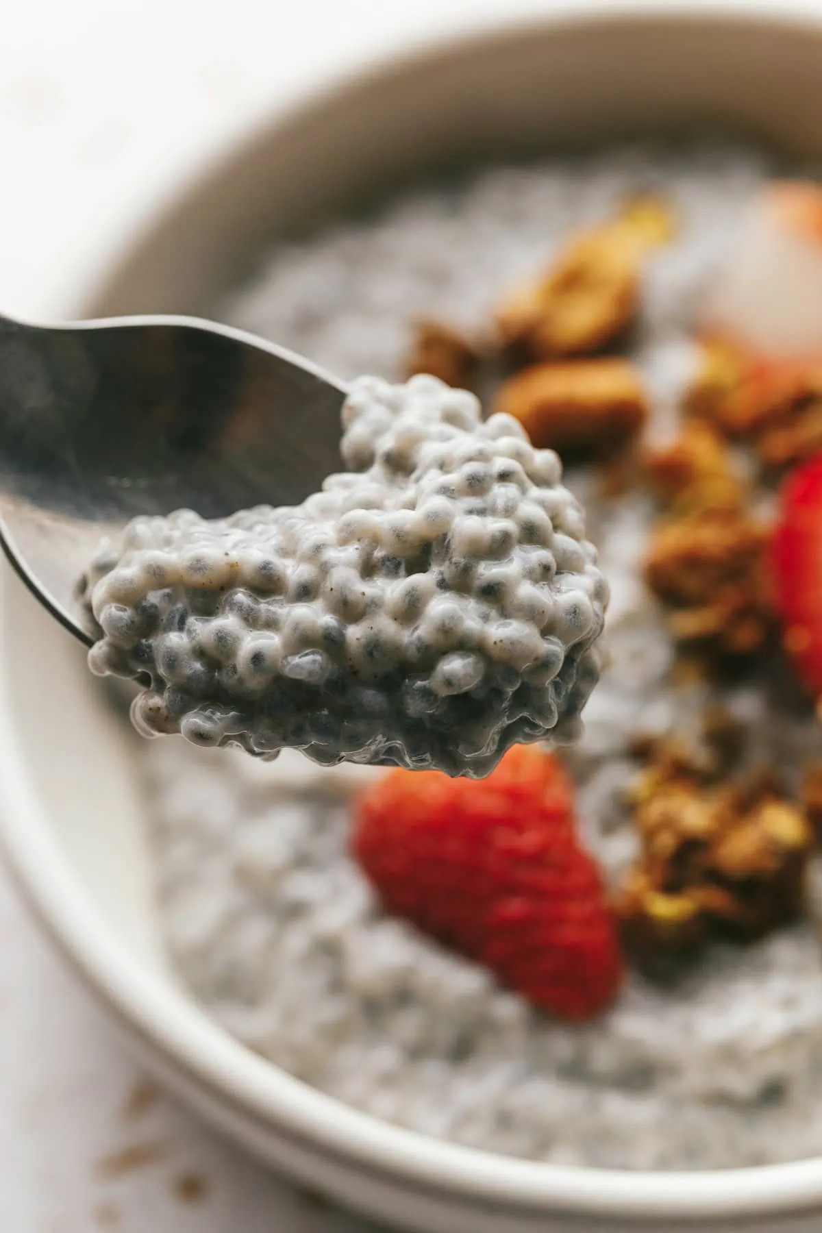 A closeup of a spoonful of sweet basil seed pudding.