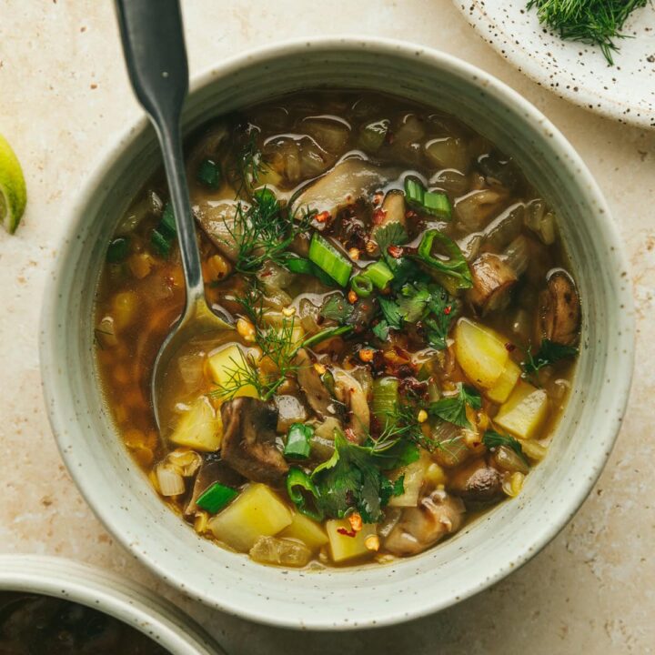 Lentil mushroom soup in a bowl with a spoon and garnishes.