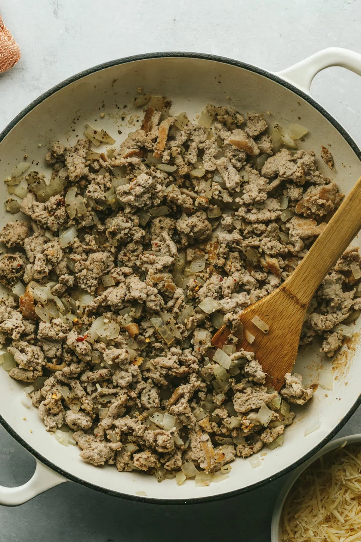 Cooking ground turkey for million dollar spaghetti squash casserole.