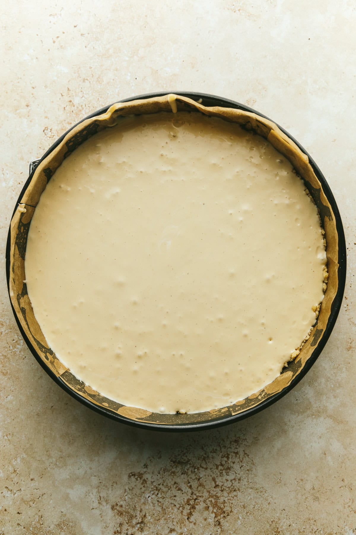 A high protein cheesecake ready for baking.