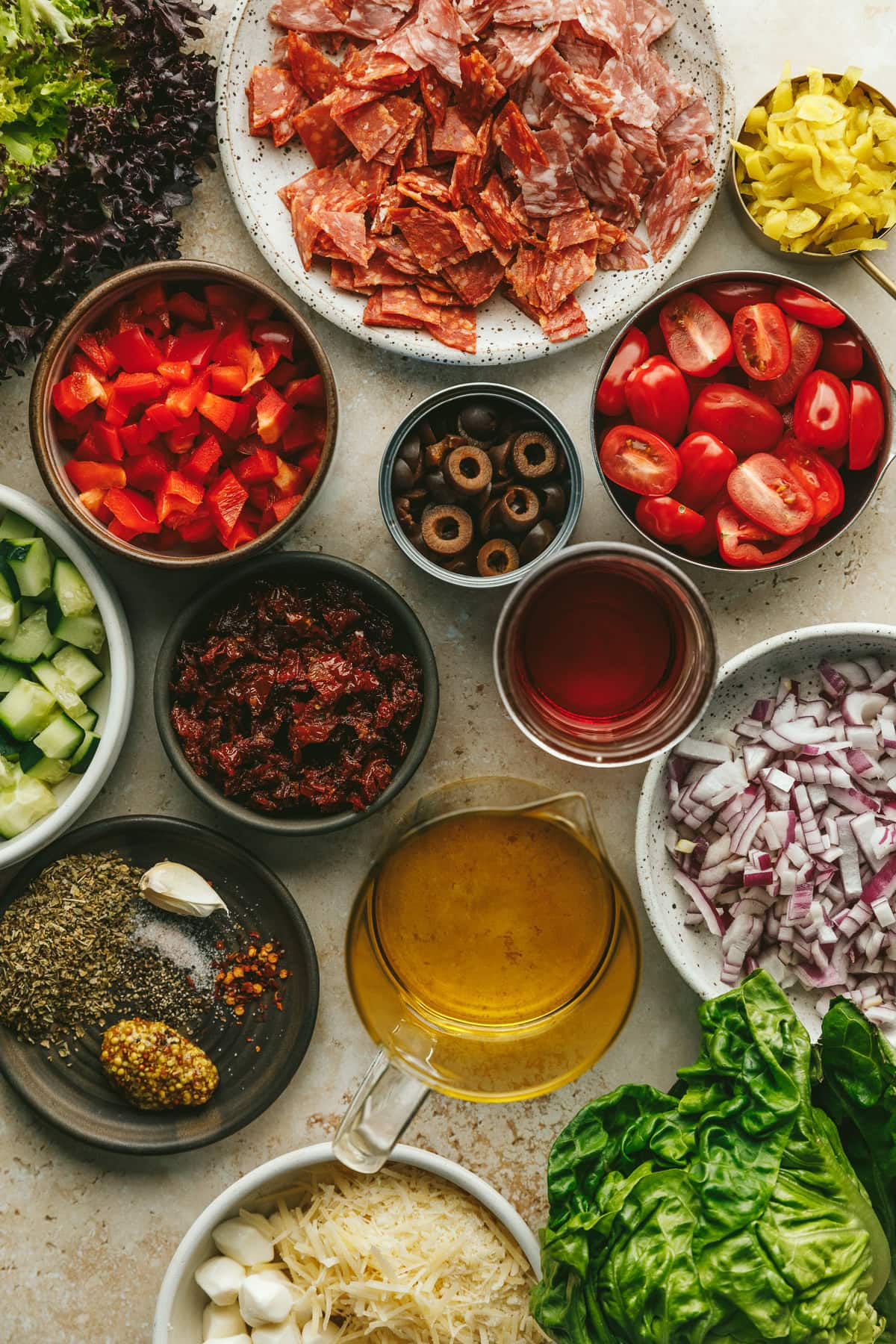Ingredients for pizza salad recipe.