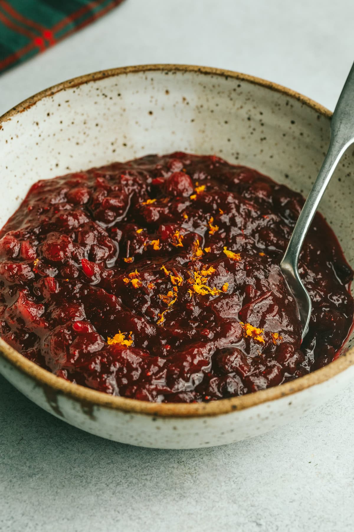 A side of sugar-free cranberry sauce with a serving spoon in the bowl.
