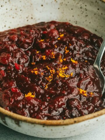 A speckled bowl with sugar-free cranberry sauce and a serving spoon.