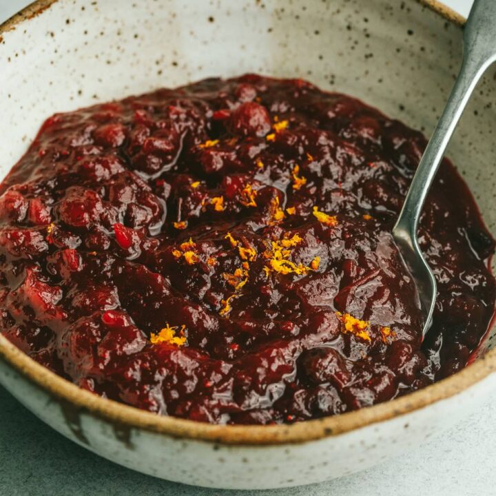 A speckled bowl with sugar-free cranberry sauce and a serving spoon.