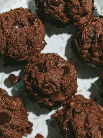 Protein brownie bites in a glass dish.