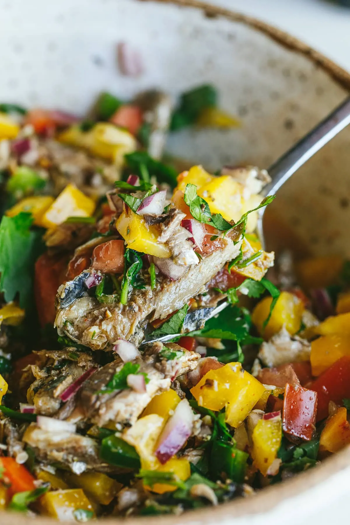 A spoonful of sardine escabeche shown up close.