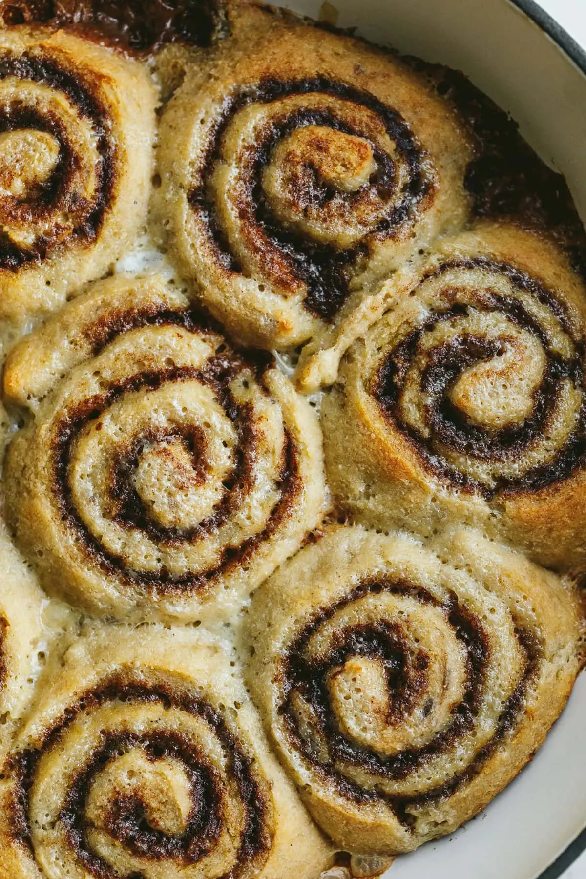 Closeup of baked keto cinnamon rolls before frosting.