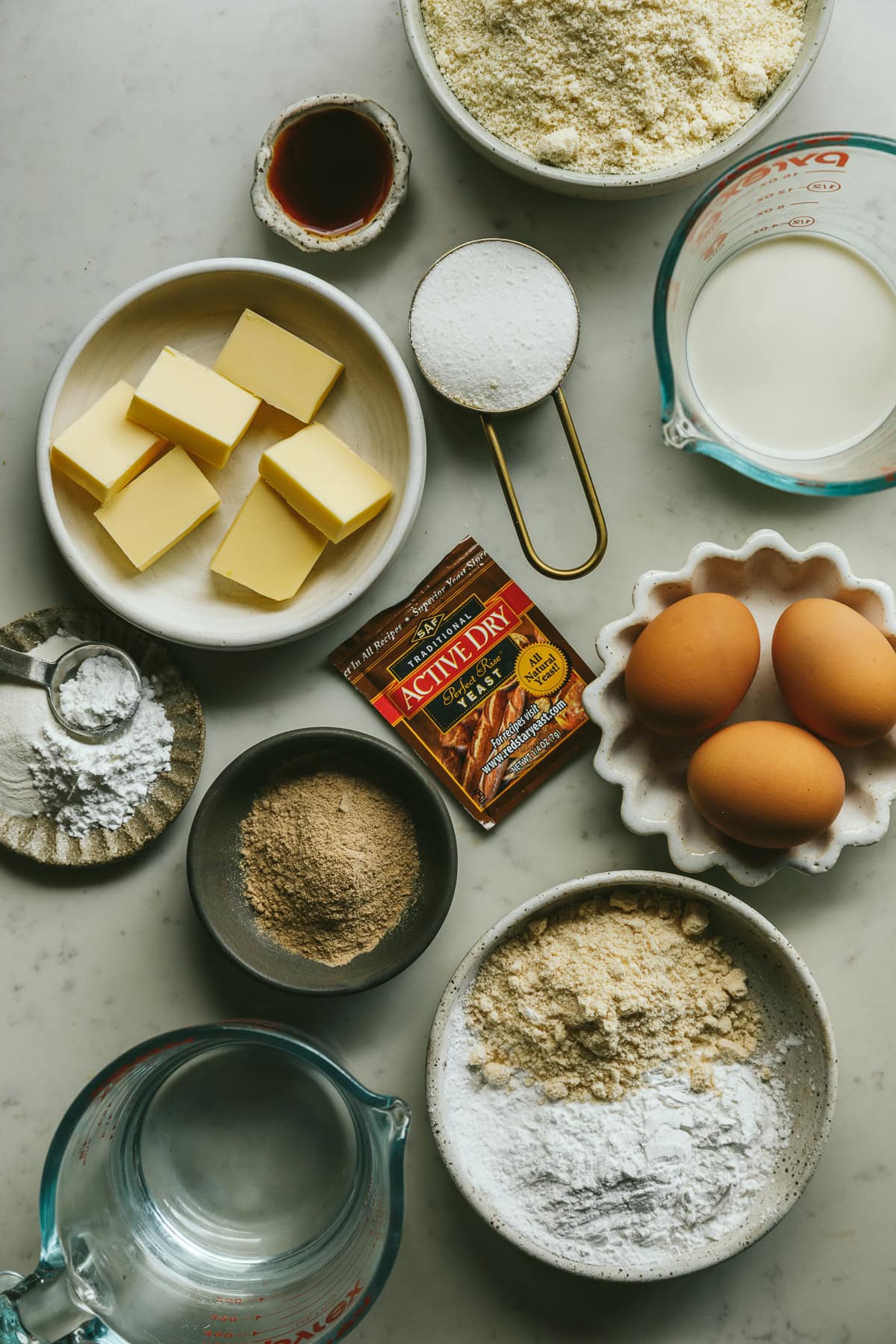 Ingredients arranged on a countertop for keto cinnamon rolls.