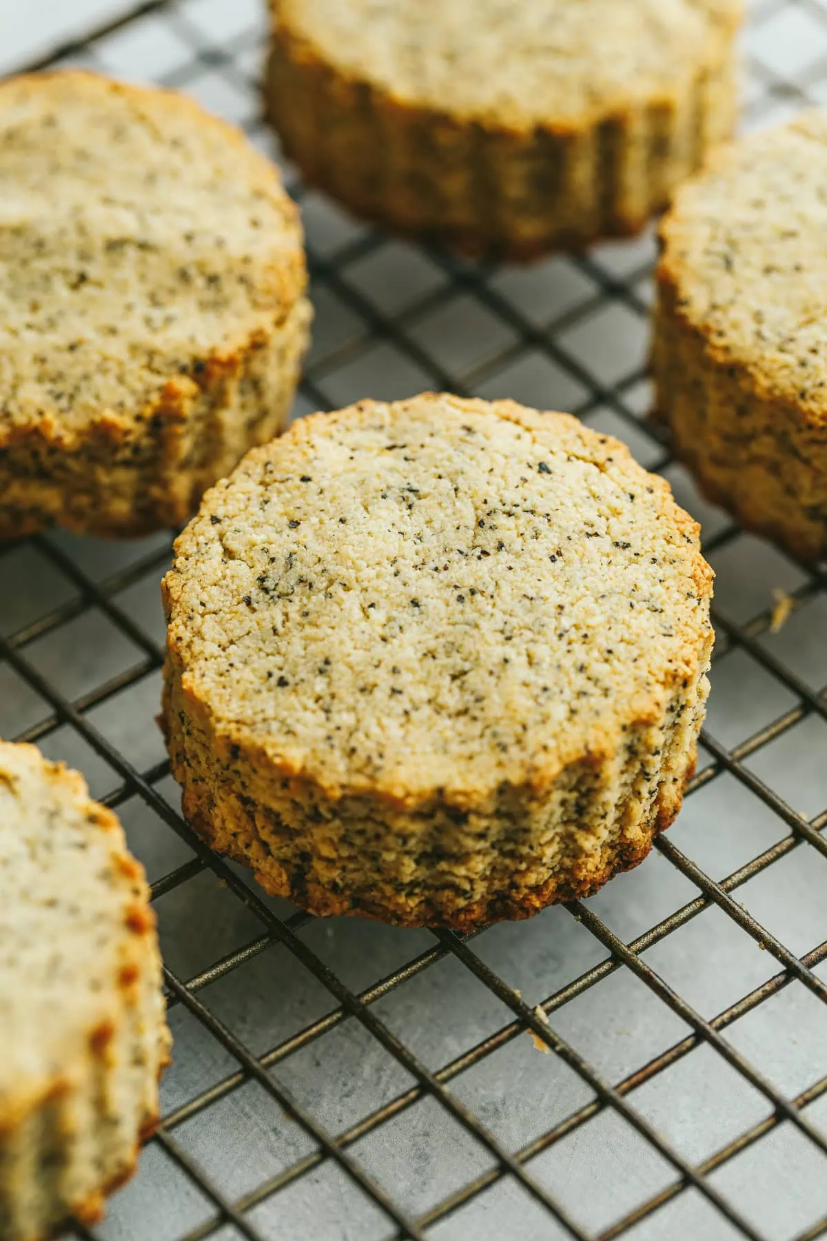 Low-carb earl grey scones resting on a wire cooling rack.