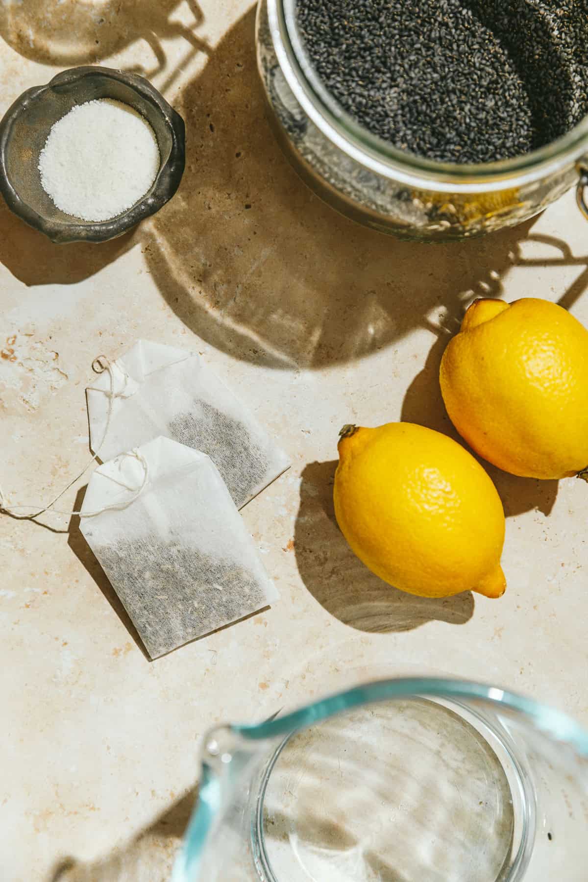Ingredients for iced green tea lemonade with basil seeds.
