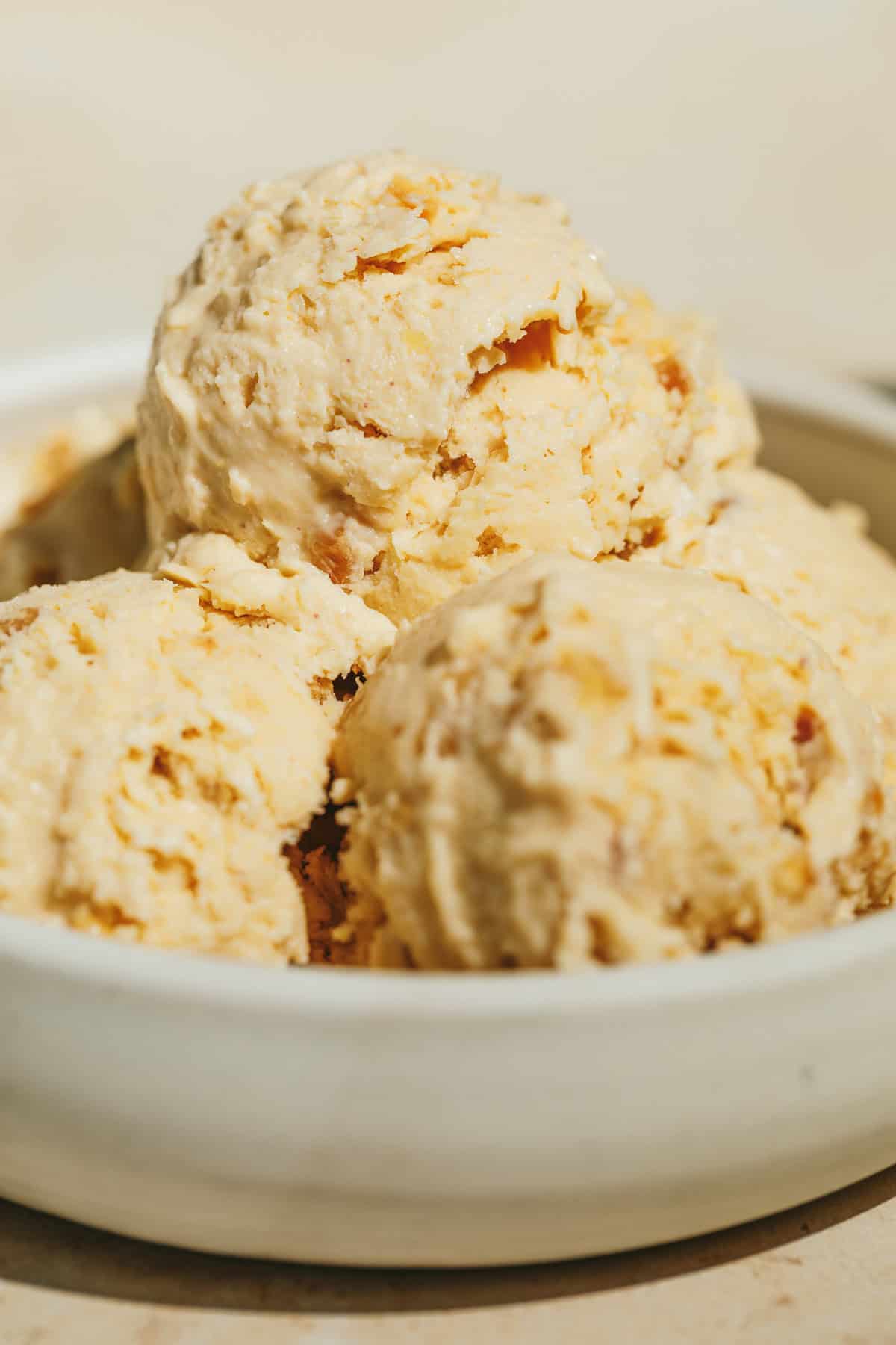 Closeup look at three scoops of keto peanut butter ice cream.