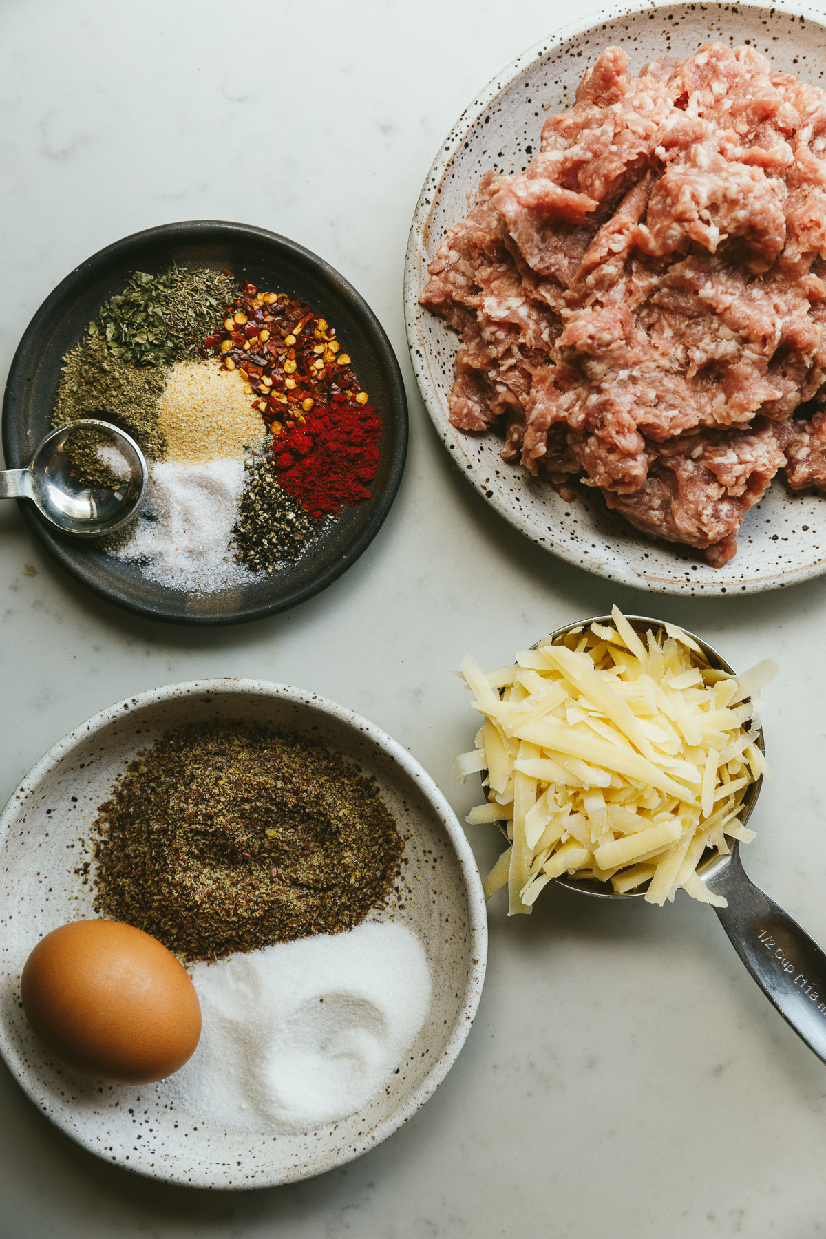 Ingredients for breakfast meatballs in various dishes.