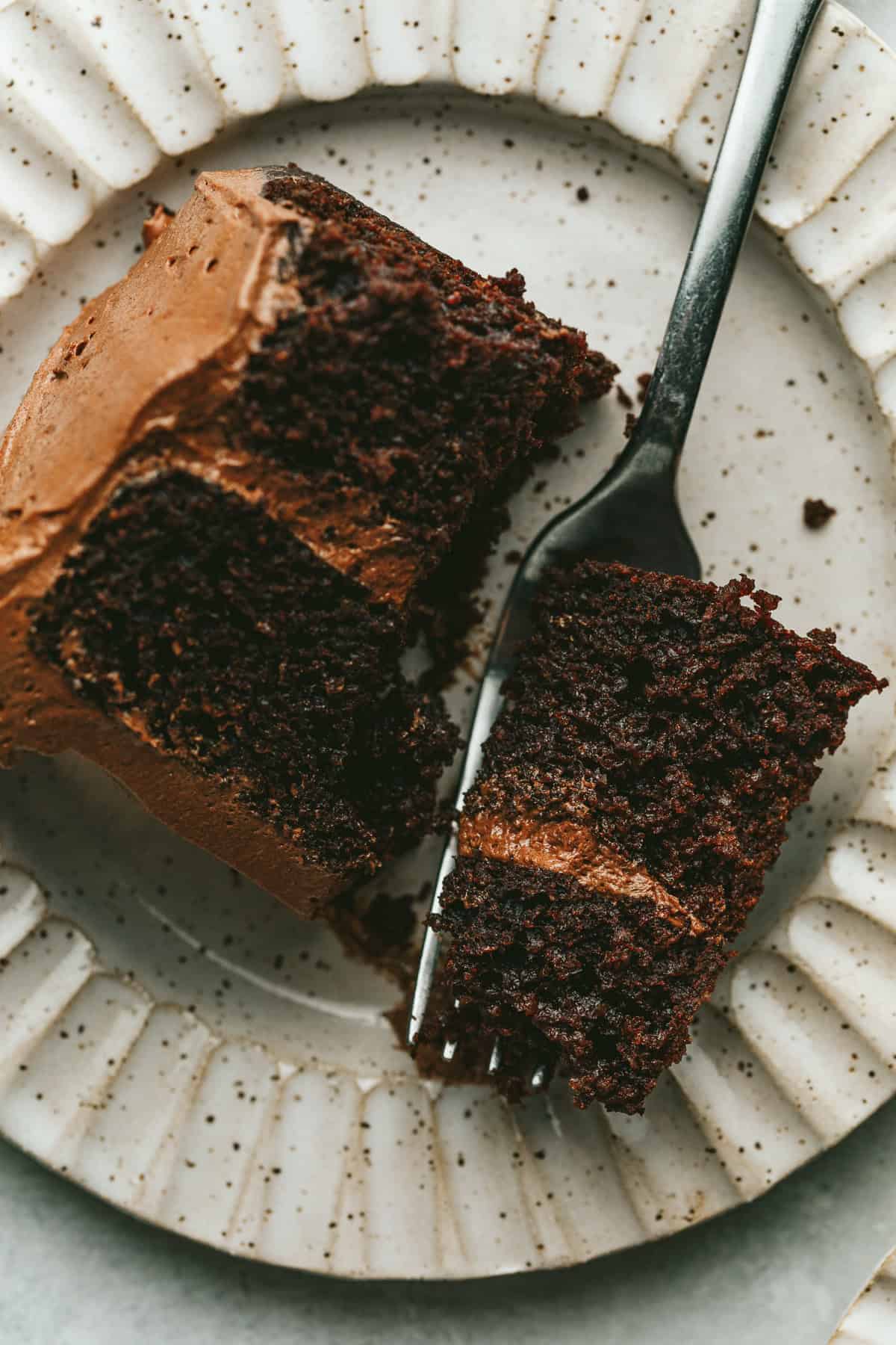 A bite of keto chocolate cake on a fork.